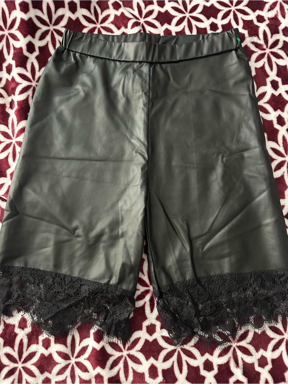 #144Black Faux Leather Lace Trim Bermuda Shorts